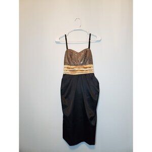 IZ Byer Women Sz 7 Dress Sleeveless Formal Gold Sash Black Sequin Pleat Back Zip